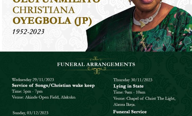 Ex Gov Abiodun’s Aide, Lanre Oyegbola Sodipo, Siblings Announce Funeral Arrangements For Late Mother, Mrs. Olufunmilayo Oyegbola