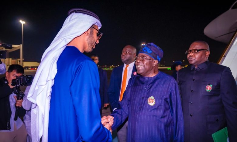 PHOTOS: Tinubu arrives Abu Dhabi, welcomed by UAE minister