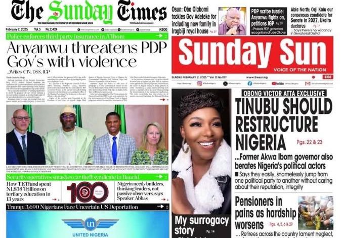 Inside Nigerian newspaper headlines today —Sunday, 2 February 2025