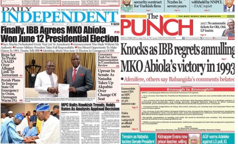 Inside Nigerian newspaper headlines today – Friday, 21 February, 2025