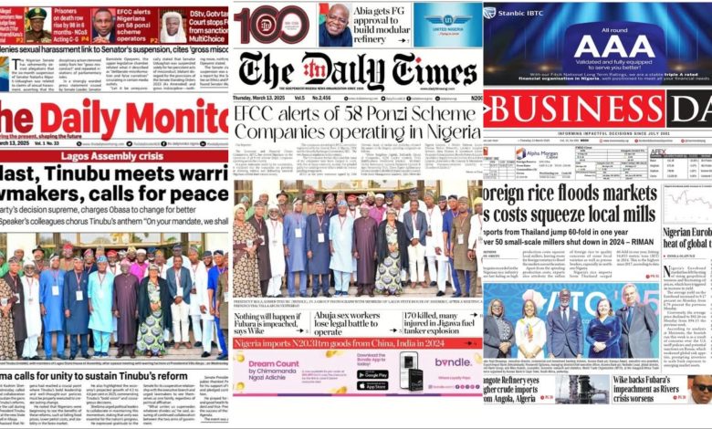 Inside Nigerian newspaper headlines today – Thursday, 13 March, 2025