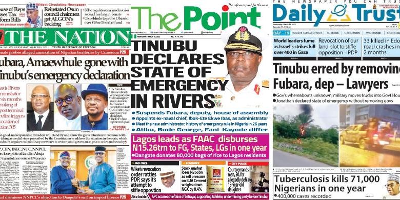 Inside Nigerian newspaper headlines today – Wednesday, 19 March 2025