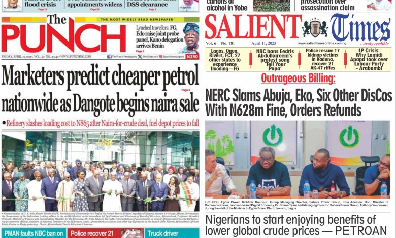 Inside Nigerian newspaper headlines today – Wednesday, 11 April 2025