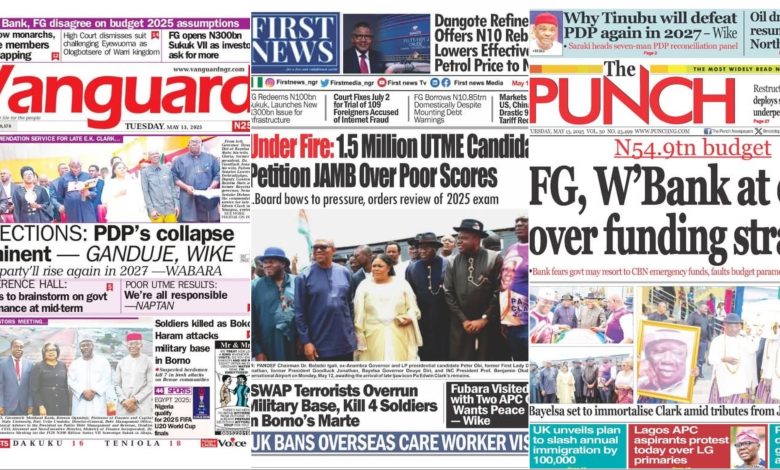 Inside Nigerian newspaper headlines today – Tuesday, 13 May, 2025