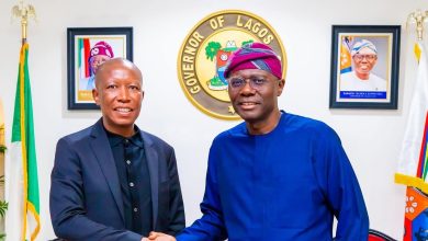 Controversial South African opposition figure, Julius Malema, visits Sanwo-Olu in Lagos