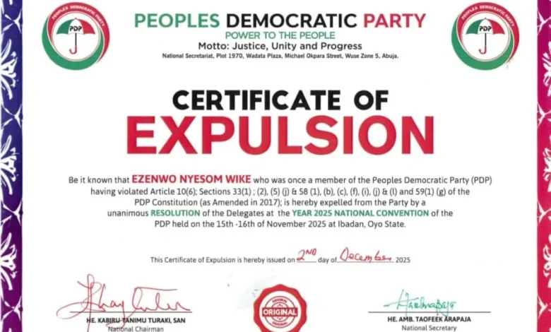 PDP Issues Expulsion Certificates To Wike, Fayose, Anyanwu, Others PDP Issues Expulsion Certificates To Wike, Fayose, Anyanwu, Others