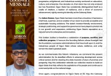 Adron Group Congratulates Ogun State At 50, Salutes Legacy of Progress